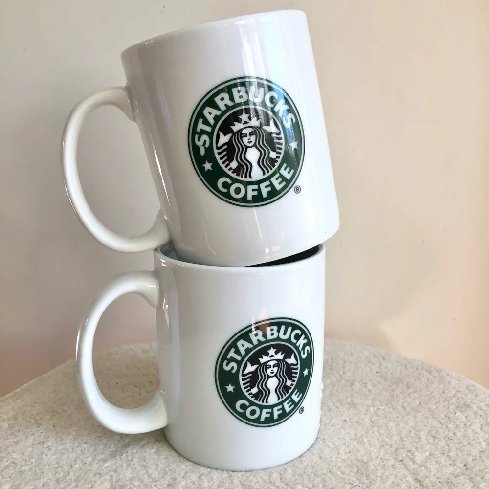 Starbucks Coffee White with Green Logo Mugs 2006 Edition Set of 2 a pair of mugs